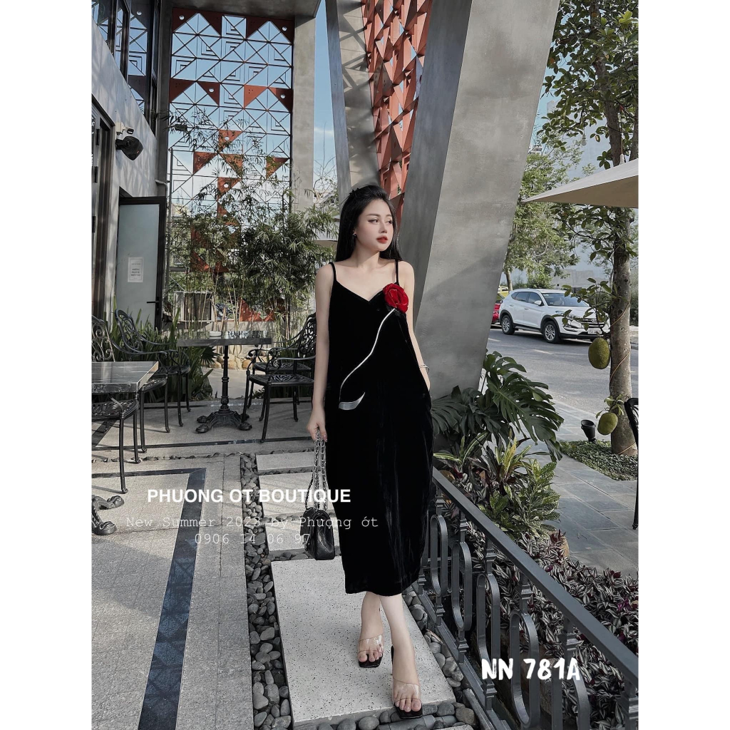 Váy nhung 2 dây chỉnh đính hoa mới (kèm ảnh thật)