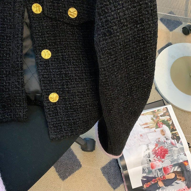 Áo dạ Tweed phối màu khuy đồng cổ vạt dáng vừa hàng QC cao cấp