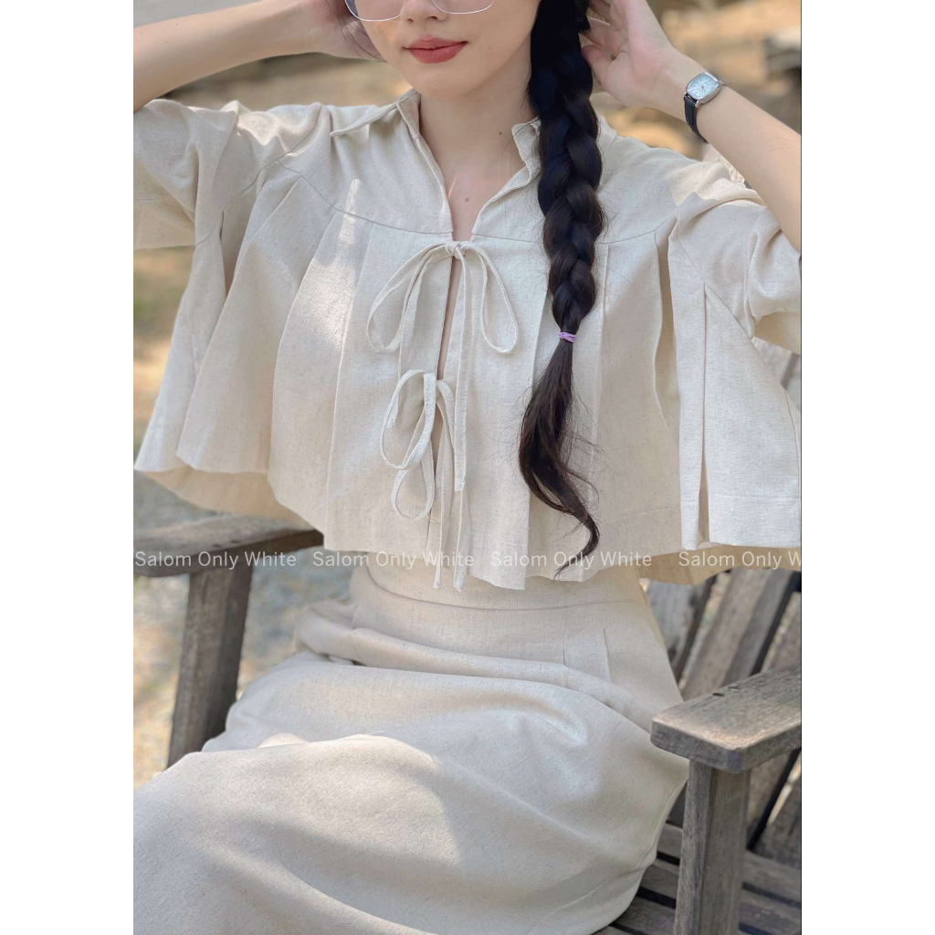 Set freesize Áo kiểu cột nơ trước và Chân váy Linen SALOM - Ani Set