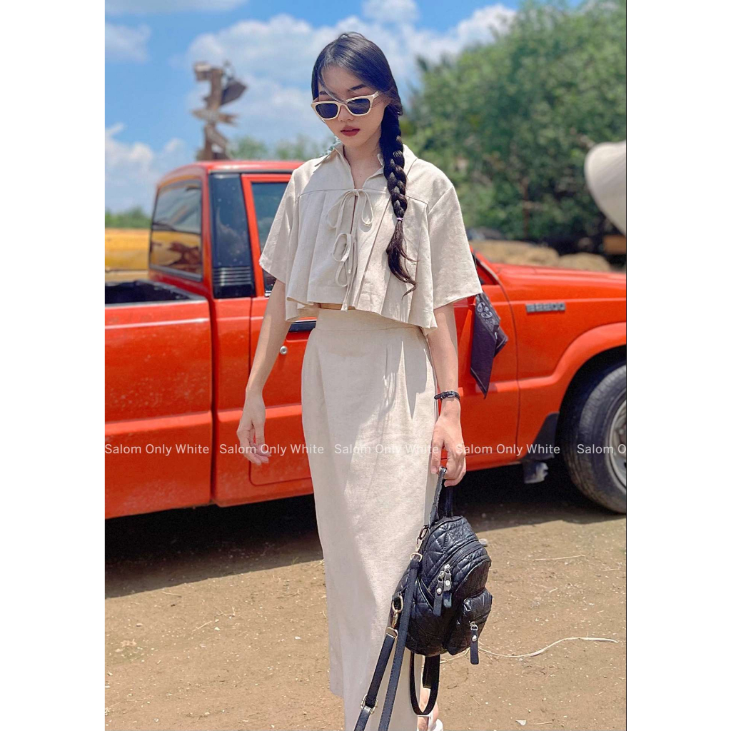 Set freesize Áo kiểu cột nơ trước và Chân váy Linen SALOM - Ani Set