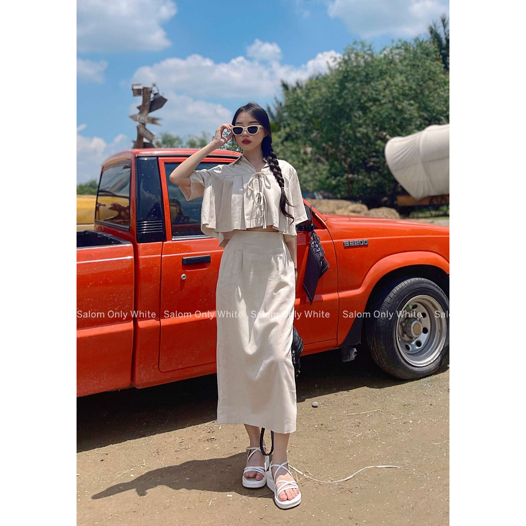 Set freesize Áo kiểu cột nơ trước và Chân váy Linen SALOM - Ani Set