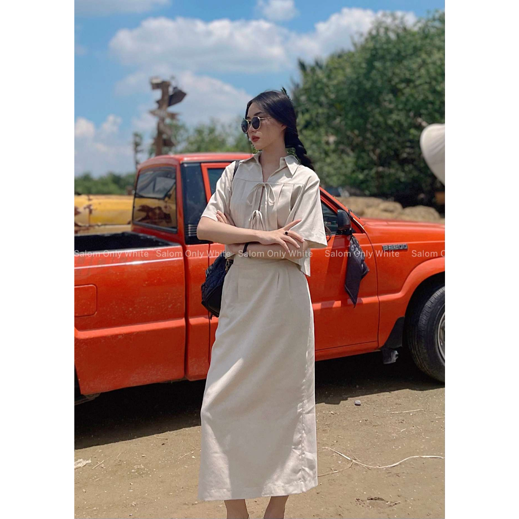 Set freesize Áo kiểu cột nơ trước và Chân váy Linen SALOM - Ani Set