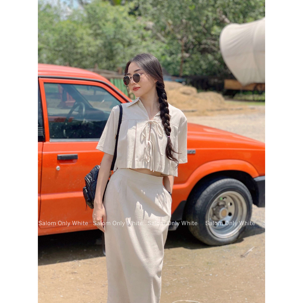 Set freesize Áo kiểu cột nơ trước và Chân váy Linen SALOM - Ani Set