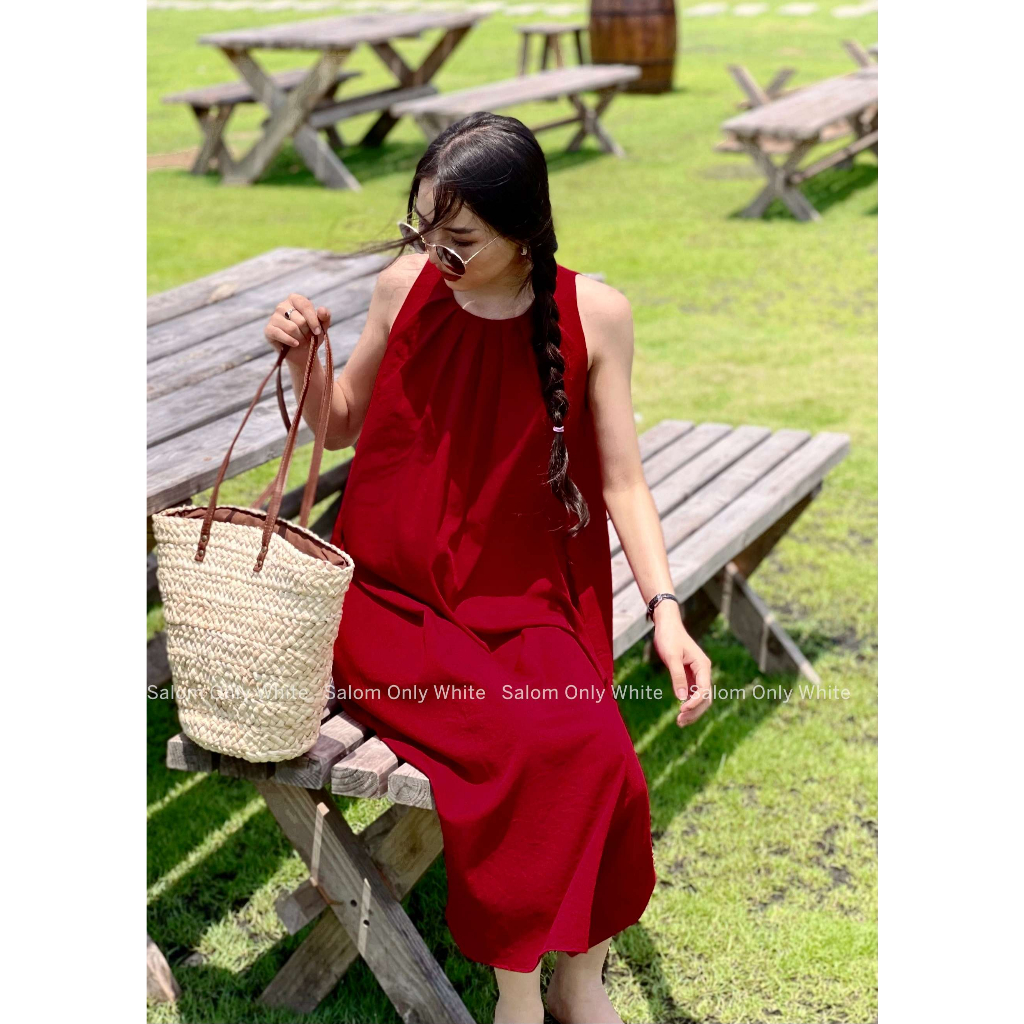 Đầm Linen maxi xếp li cổ khoét lưng SALOM - Lalin Dress