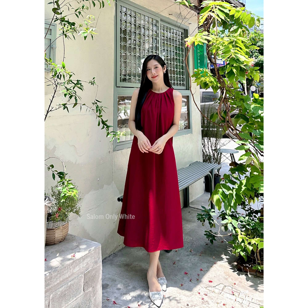 Đầm Linen maxi xếp li cổ khoét lưng SALOM - Lalin Dress
