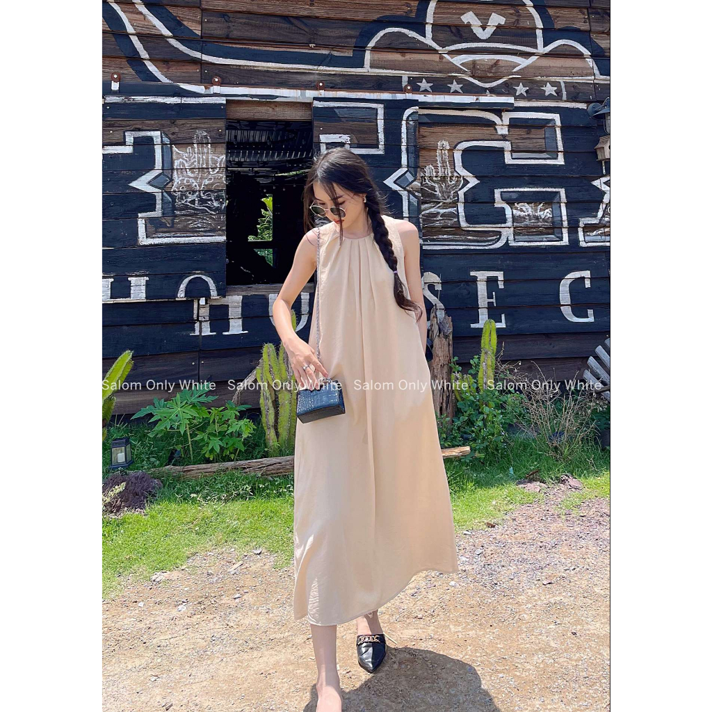 Đầm Linen maxi xếp li cổ khoét lưng SALOM - Lalin Dress