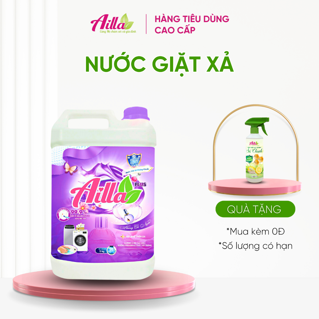 Nước Giặt Xả Kháng Khuẩn Ailla Hương Cá Ngựa Siêu Đậm Đặc Lưu Hương Lâu 5KG (Tặng 1 Xịt Phòng Ailla Sả Chanh 400ML)