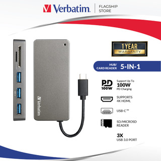 Đầu đọc thẻ Verbatim 5-in-1 USB & Card Reader Hub (Grey)Type-C Hub with USB3.0 x 3 & SD/MicroSD Card Reader - 65679