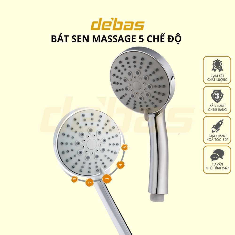 Vòi sen tắm massage 3 chế độ nóng lạnh bát tay sen tắm cao cấp kèm dây sen inox và cài sen dán tường Debas TS01