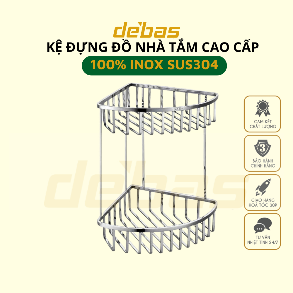 Kệ đựng đồ nhà tắm cao cấp inox sus304 kệ góc kệ thẳng gắn tường có móc treo đồ Debas 1501G 1501T