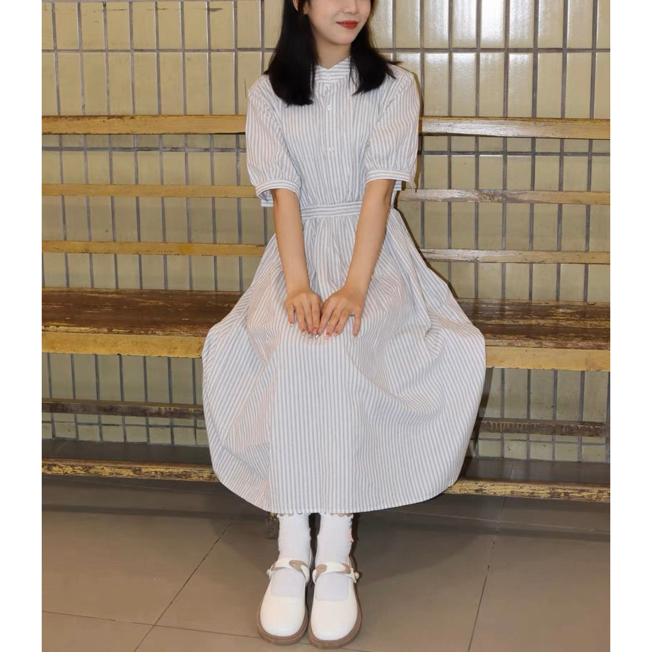 Váy sơ mi kẻ, cổ tàu, tay bồng, dáng dài phong cách Hàn Quốc