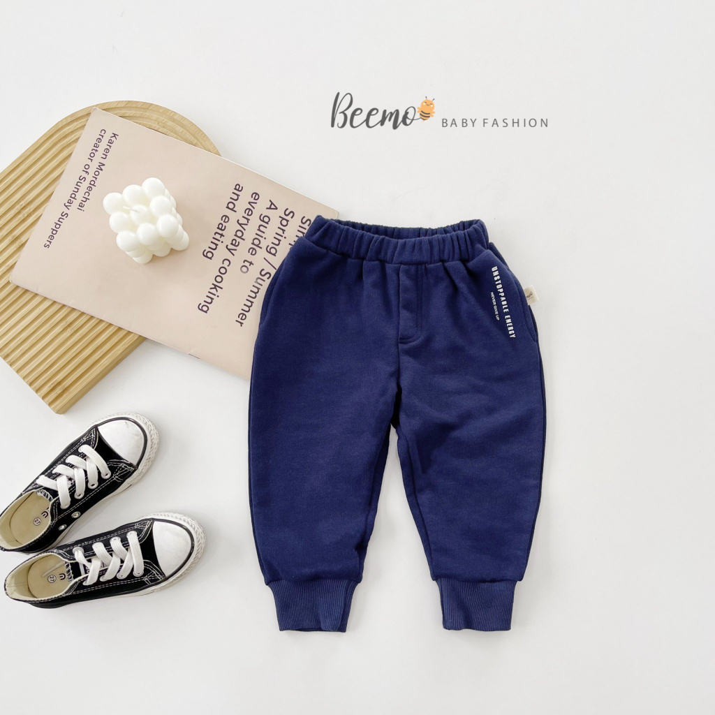 Quần dài Beemo cho bé trai, kiểu dáng jogger in chữ bên hông, vải cotton da cá mềm mại mặc thu đông 23300Q