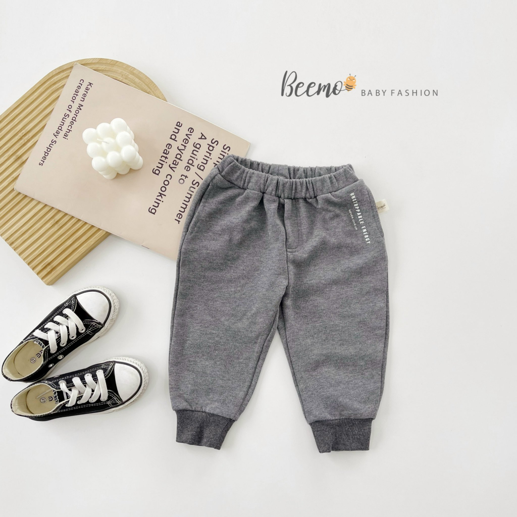 Quần dài Beemo cho bé trai, kiểu dáng jogger in chữ bên hông, vải cotton da cá mềm mại mặc thu đông 23300Q