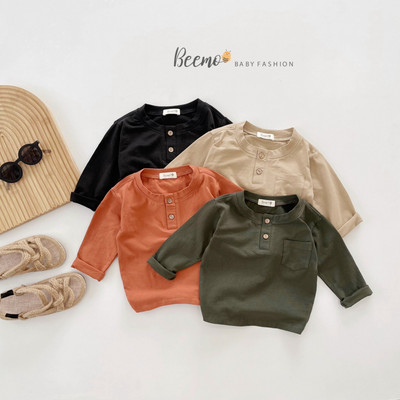 Áo dài tay Beemo cho bé trai, cổ tròn basic phối túi đính cúc gỗ vải cotton mềm mại, co giãn mặc đi học, đi chơi 23267A