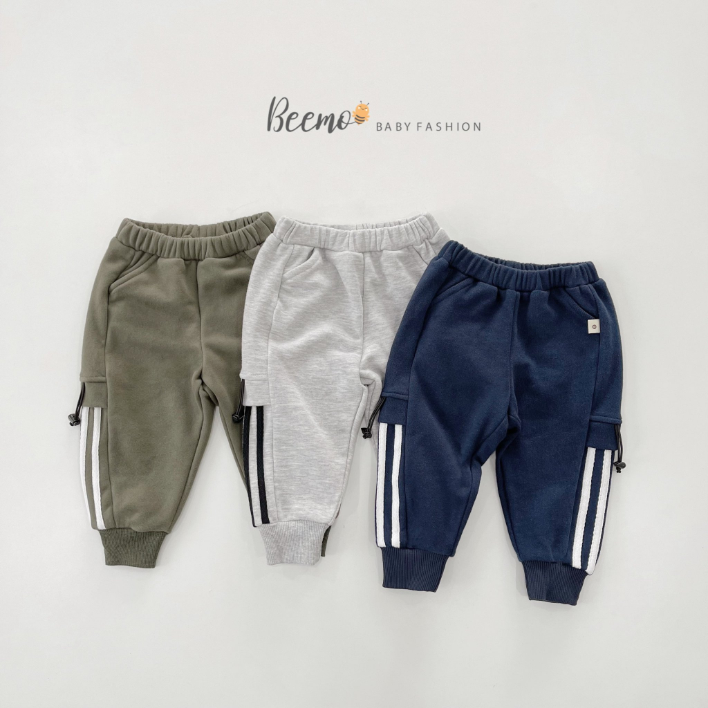 Quần dài Beemo cho bé trai, kiểu dáng jogger phối kẻ sọc thể thao, vải cotton da cá mềm mại phù hợp mặc thu đông 23242Q