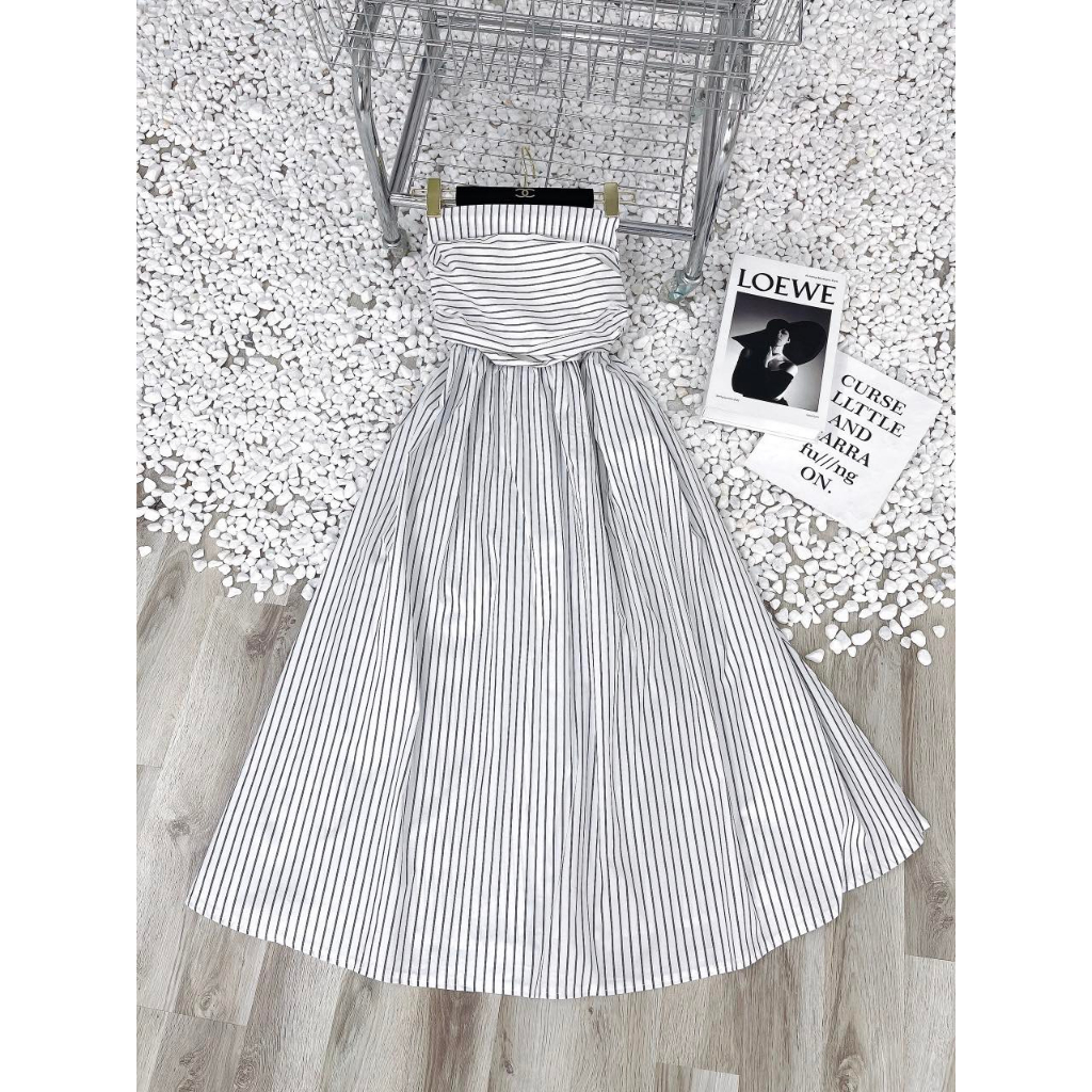 ĐẦM MIDI KẺ SỌC ỐNG CÚP NGỰC