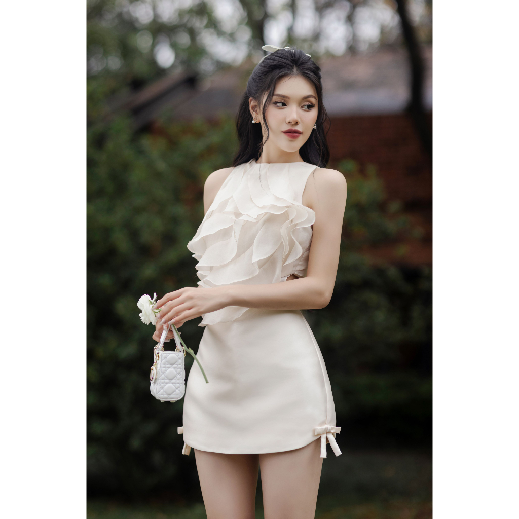 Áo croptop nữ sát nách phối voan xếp lớp bèo xéo