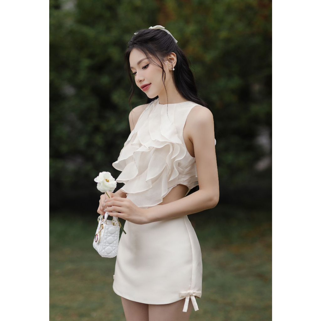 Áo croptop nữ sát nách phối voan xếp lớp bèo xéo