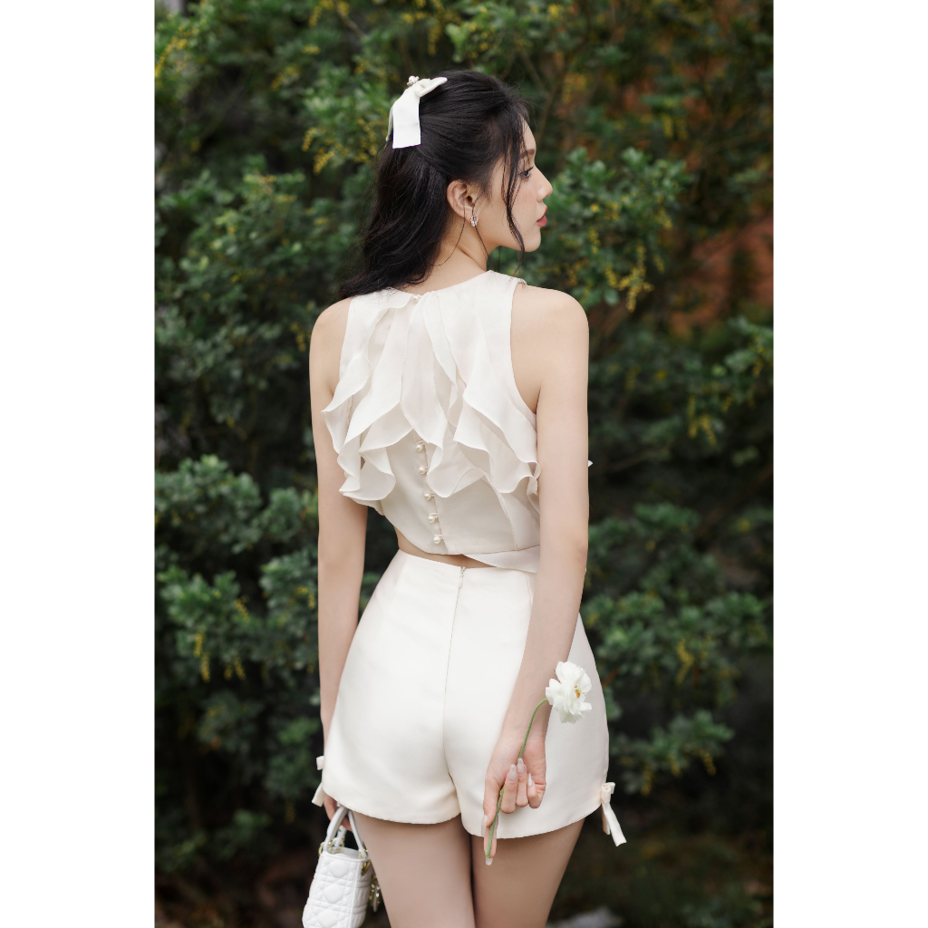 Áo croptop nữ sát nách phối voan xếp lớp bèo xéo