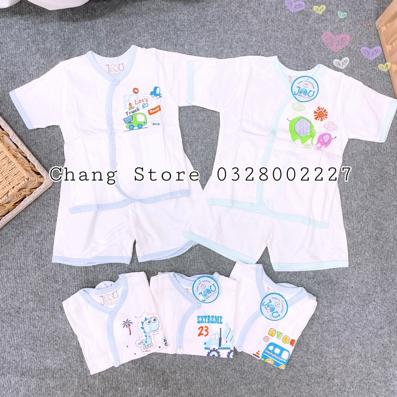 Bộ Tay Ngắn Sơ Sinh Jou Trắng Cài Nút Cho Bé 3-8kg