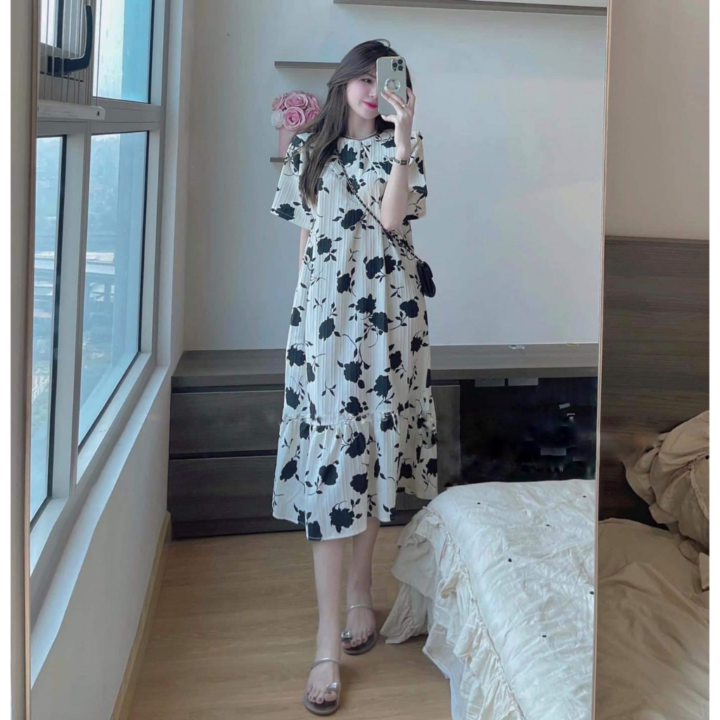 Váy Bầu Đầm Bầu Thiết Kế Hoa Hồng Công Sở Chất Đũi Gân Siêu Đẹp