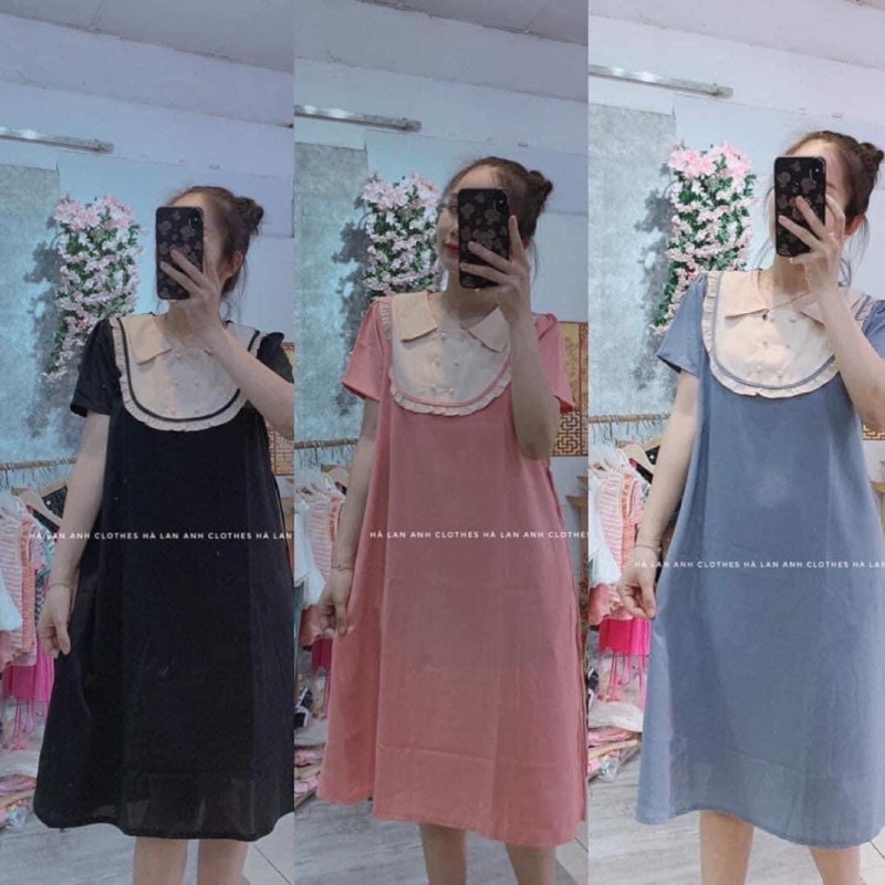 Váy Bầu Công Sở Ngắn Tay Đầm Bầu Dáng Suông Có Cổ Họa Tiết