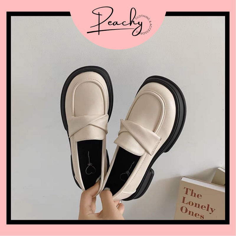 Giày Loafer nữa Anh Quốc phong cách Retro đế 5cm hoạ tiết nơ