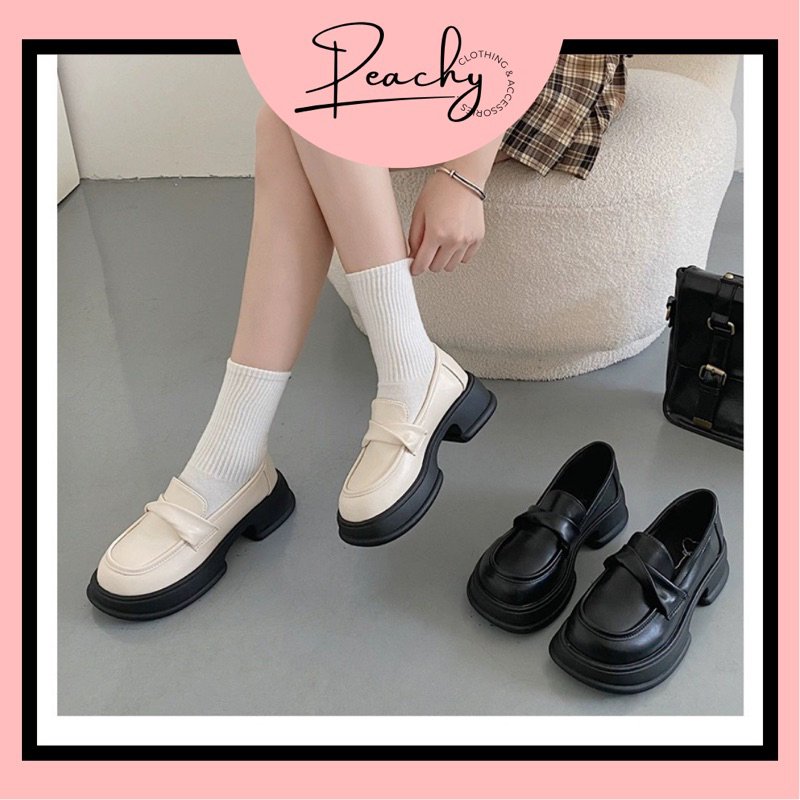 Giày Loafer nữa Anh Quốc phong cách Retro đế 5cm hoạ tiết nơ