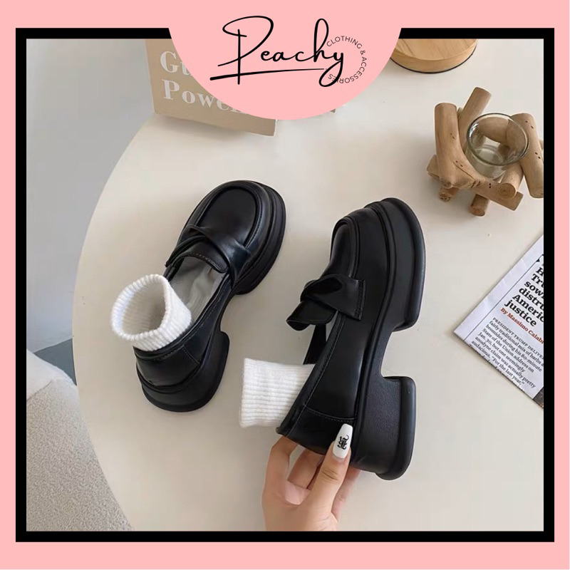 Giày Loafer nữa Anh Quốc phong cách Retro đế 5cm hoạ tiết nơ