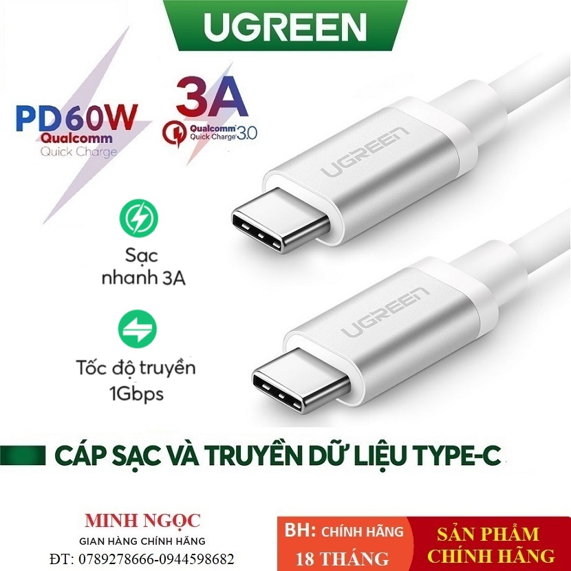 Cáp sạc nhanh và cáp truyền dữ liệu USB Type C 2 đầu Ugreen US264 hỗ trợ sạc nhanh PD 60W, QC3.0, 3A