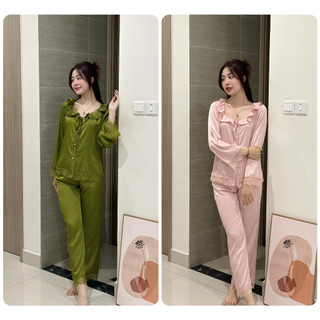 Bộ pijama chất liệu lụa latin, bèo cổ kết hợp ren nút ngọc