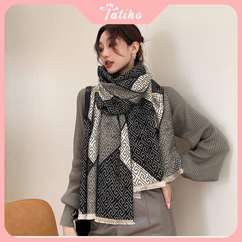 Khăn len choàng cổ bản to Unisex, Khăn Cashmere dày họa tiết tế bào thời trang thu đông Hàn Quốc - 90x180cm - Mã LN115