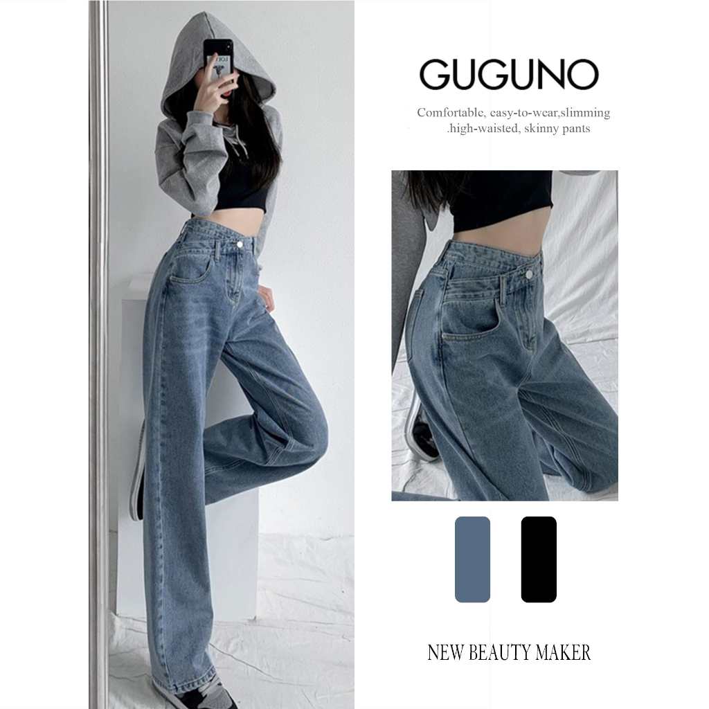 Quần jeans nữ ống rộng suông lưng cạp cao form rộng chất đẹp GUGUNO ulzzang