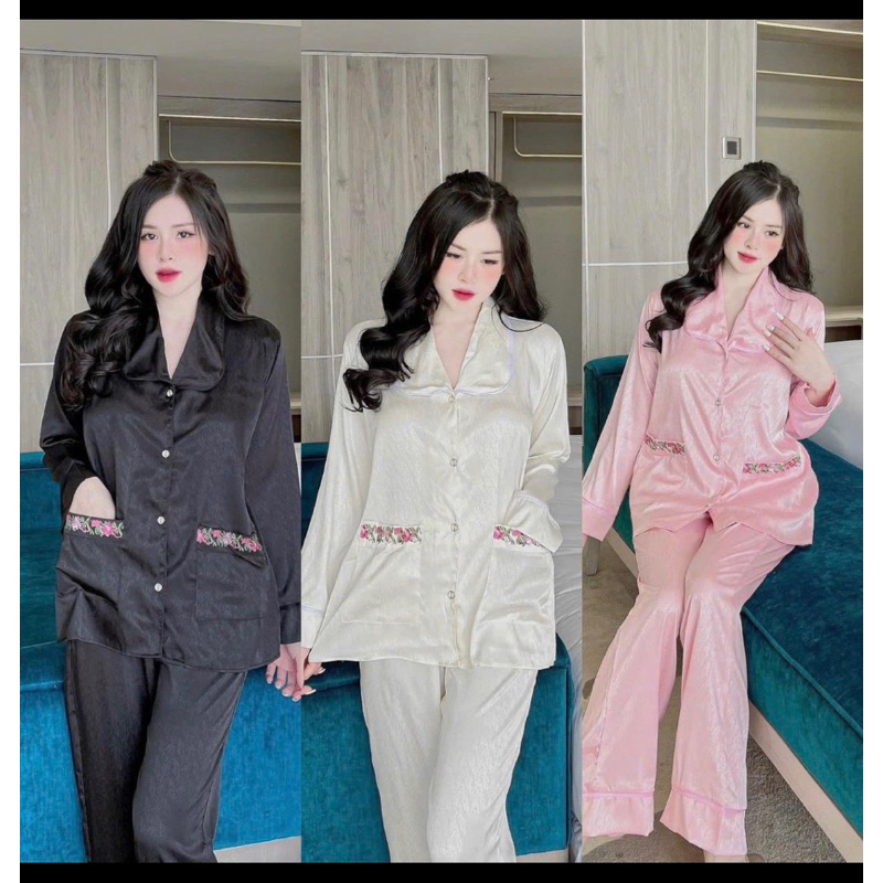 (40-60kg) đồ bộ pijama tiểu thư cổ sen chất lụa xước ánh kim