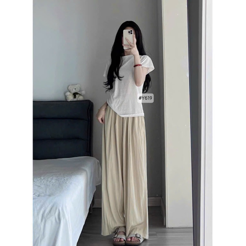 Quần gió nhăn ống rộng lưng thun mát lạnh, Quần dài nữ ống rộng lưng thun quần ống rộng nữ trơn phong cách Ulzzang 619