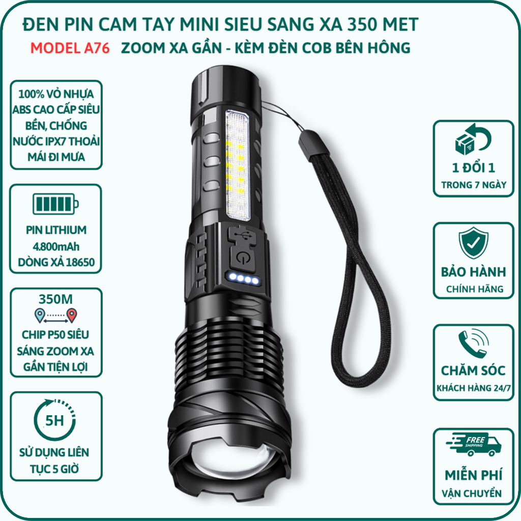Đèn Pin Cầm Tay Siêu Sáng KAW – A76 Chiếu Xa 300m Có Zoom, Pin Trâu 2600mah, Chống Nước IPX6, Có COB Led 7 Chế Độ