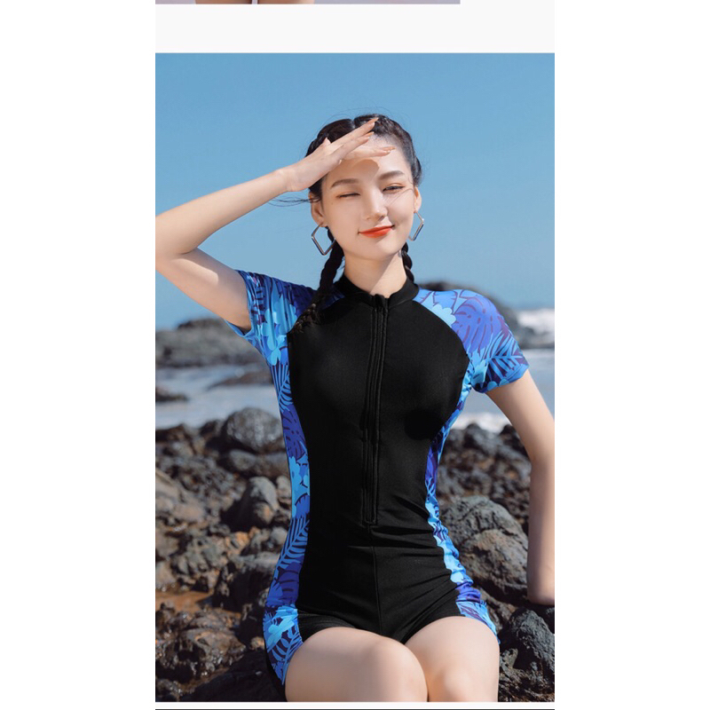 Hình thật -Đồ bơi liền thân quần đùi phối hoạ tiết hoa xanh