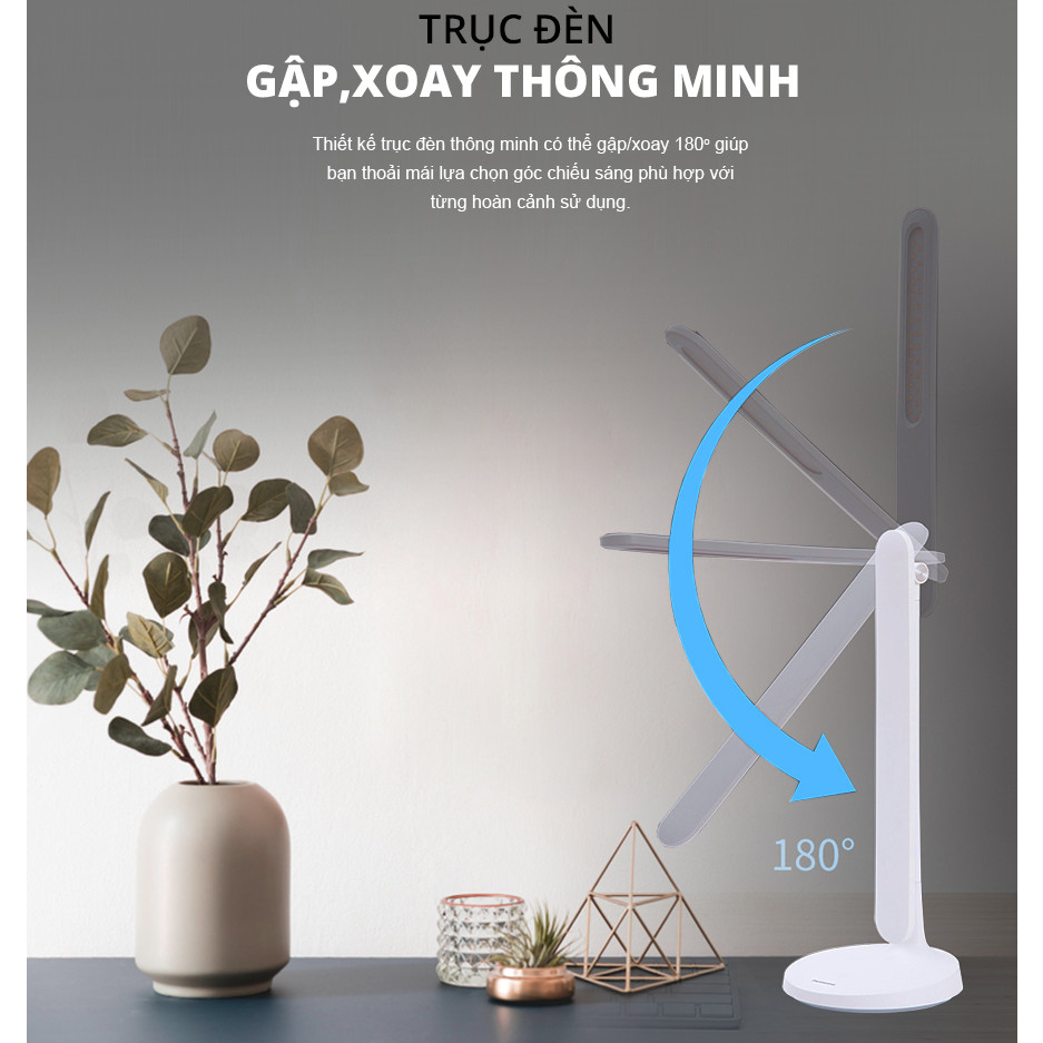 Đèn bàn sạc Panasonic HHGLT034188 không ánh sáng xanh, nút chạm cảm ứng, trục đèn gập xoay thông minh