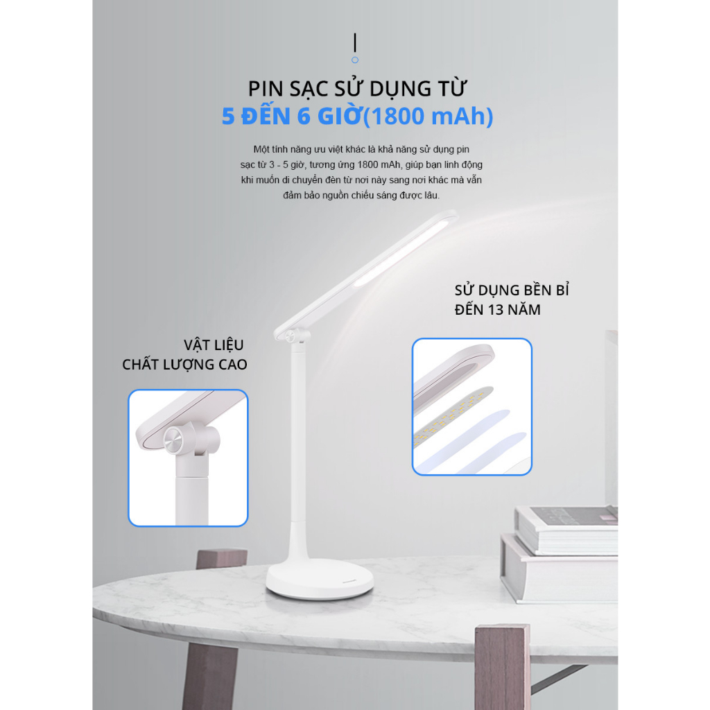 Đèn bàn sạc Panasonic HHGLT034188 không ánh sáng xanh, nút chạm cảm ứng, trục đèn gập xoay thông minh