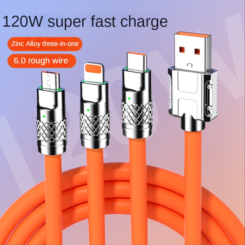Sạc 3 Đầu Bọc Hợp Kim Kẽm và Dây Silicon Mềm Mại Cho Thiết BỊ Ip / Androi / Type C - Dây Sạc Nhanh 6A