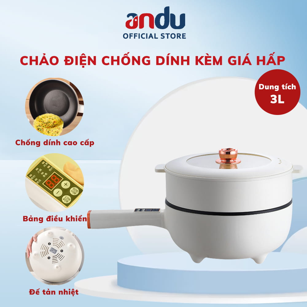 Chảo Điện Đa Năng Mini Chống Dính Dung Tích 3L, Nồi Lẩu Điện Có Tay Cầm Dài Điều Chỉnh Nhiệt Độ Nấu Thông Minh