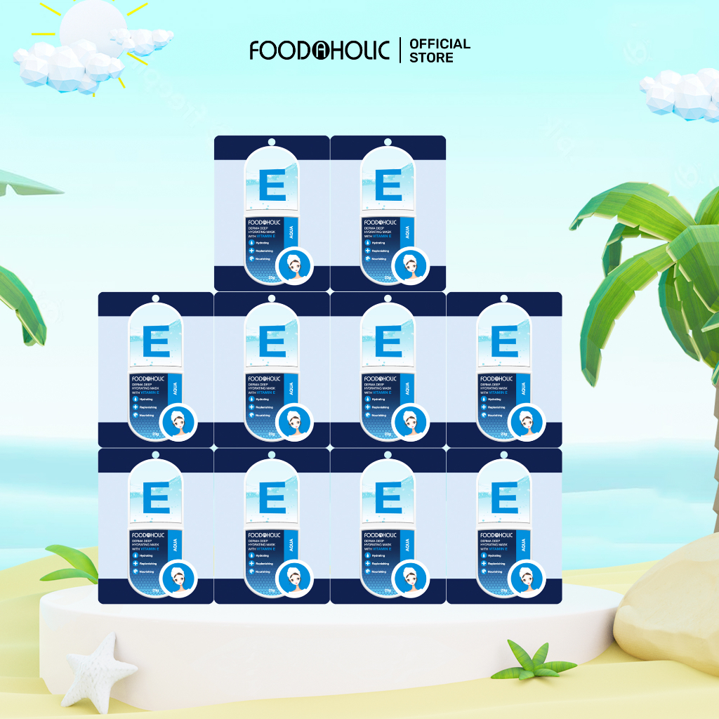 Combo 10 Mặt nạ tinh chất Vitamin E cấp ẩm, căng bóng da Foodaholic Derma Deep Hydrating Mask With Vitamin E 23g x10
