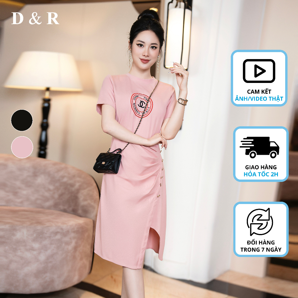 Đầm thun xẻ tà bigsize thêu logo CN phối nút đồng Quảng Châu cao cấp D&R Fashion D385