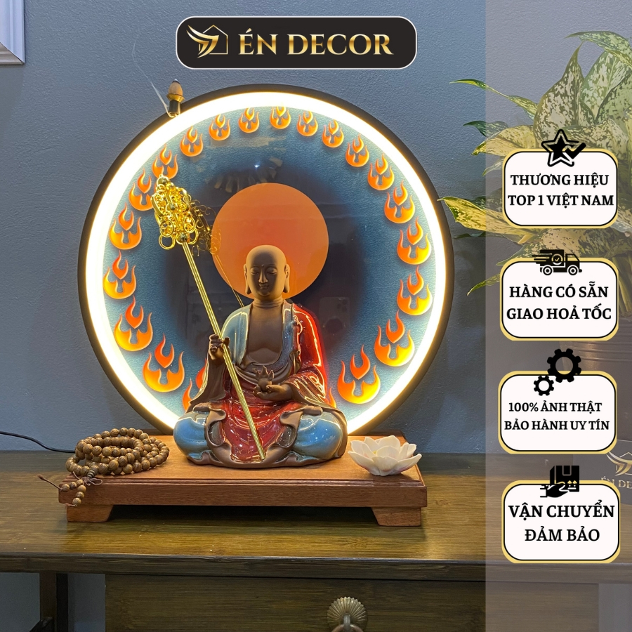 Tượng Phật Địa Tạng Vương Bồ Tát ÉN DECOR cứu khổ cứu nạn kèm kệ đèn led cao cấp decor phong thuỷ,an nhiên