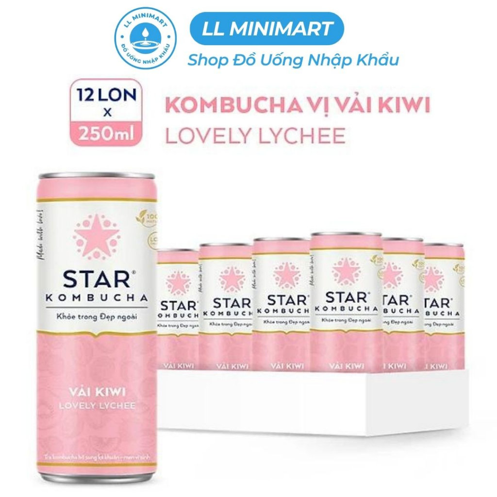 Thùng 12 Lon Nước Trái Cây Lên Men STAR KOMBUCHA Vải Kiwi Lovely Lychee 250ML/Lon
