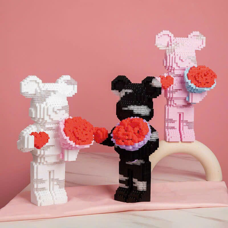 Lego bearbrick lắp ráp lắp ghép mô hình bearbirck 36cm trái tim, cầm hoa có đèn và ngăn kéo Luckykid