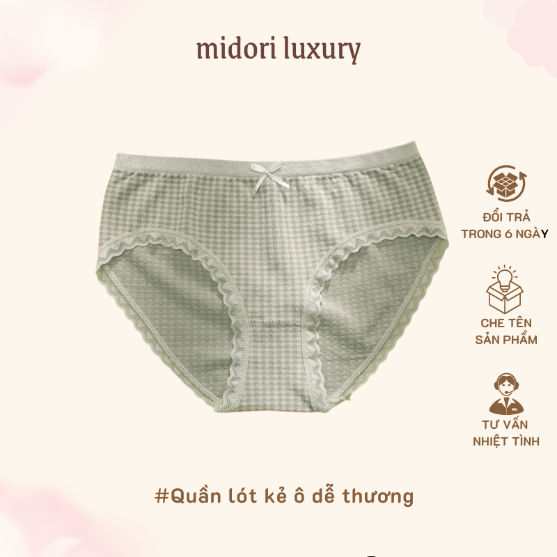 Quần Lót Nữ Midori Siêu Thoáng Hoạ Tiết Caro Viền Ren Vải Cotton Kháng Khuẩn Mã MR03