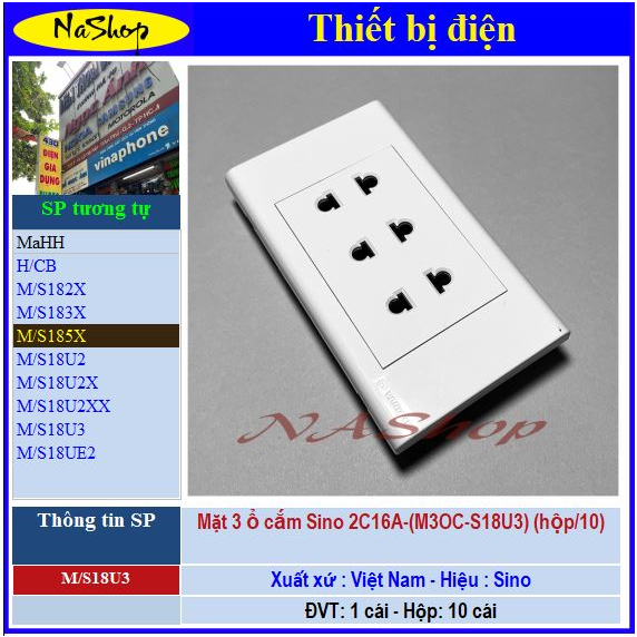 NaShop - Mặt âm tường, bảng điện, mặt công tắc  Sino dòng Seri S181X,S182X, S183X, S184X,S185X,S18U2,S18U3, S18UX, S18U3