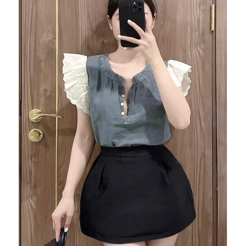 ÁO JEAN DENIM PHỐI TAY BÈO HOA THÔ KHUY NGỌC CHẤT BÒ GIẤY MỀM MÁT.