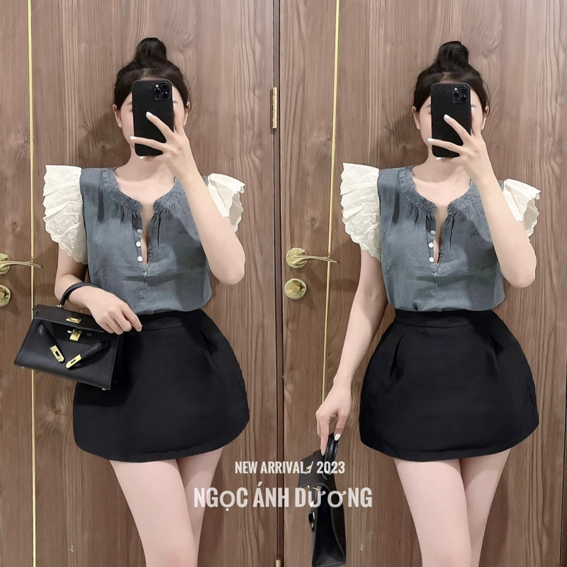 ÁO JEAN DENIM PHỐI TAY BÈO HOA THÔ KHUY NGỌC CHẤT BÒ GIẤY MỀM MÁT.